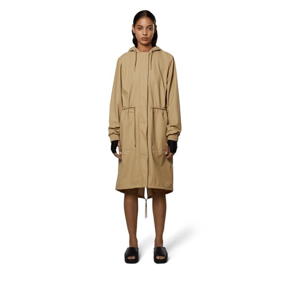 NWT RAINS Unisex Long Rain Jacket Hood Hooded String Parka Sand sz L - Picture 7 of 16